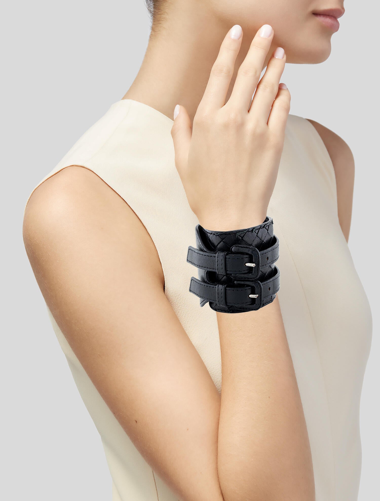 Bottega Veneta Leather Double Buckle Wrap Bracelet
